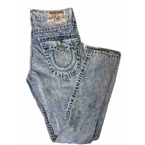 True Religion Men 30X33 Slim Blue Stitch Denim Jeans Stone Wash Distressed